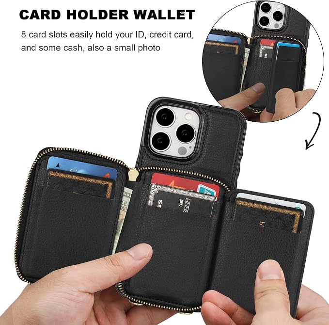 Bocasal RFID Blocking Wallet Case for iPhone 15 Pro Max, Adjustable Crossbody Zipper Purse with Kickstand and Detachable Wrist Strap, PU Leather Flip Folio Case 6.7 Inch 5G (Black)