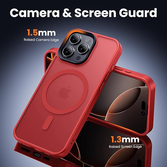 3 in 1 for iPhone 16 Pro Case with MagSafe, Screen Protector*1 Camera Lens Protector*1,Matte Skin Feeling Back Cover Military-Grade Protection for iPhone 16 Pro Phone Case 6.3 inch Red