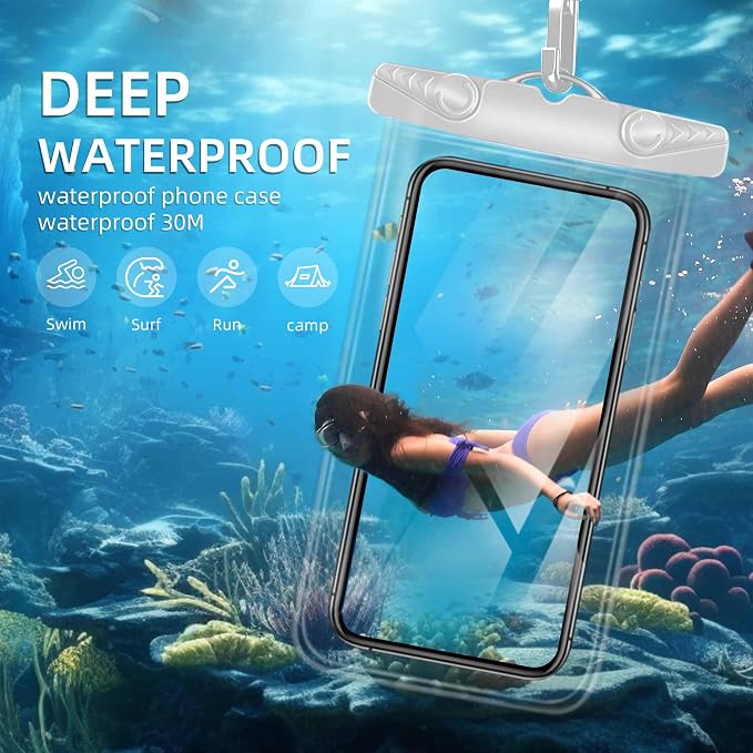 Waterproof Phone Pouch, New Lock Design Waterproof Phone case with Lanyard IPX8 Waterproof Dry Bag Universal Beach Cruise Essentials White