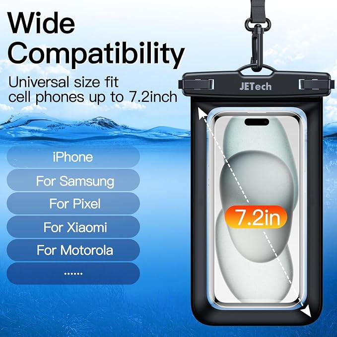 JETech Waterproof Phone Pouch, 2 Pack Water Proof Case for iPhone 17e 17 16e 16 15 14 Air Pro Max Plus, Galaxy S26 S25 Ultra, Pixel 10 Series and Others up to 7.2 Inch, IPX8 Dry Bag (Black+Black)