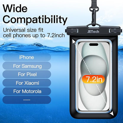 JETech Waterproof Phone Pouch, 2 Pack Water Proof Case for iPhone 17e 17 16e 16 15 14 Air Pro Max Plus, Galaxy S26 S25 Ultra, Pixel 10 Series and Others up to 7.2 Inch, IPX8 Dry Bag (Black+Black)