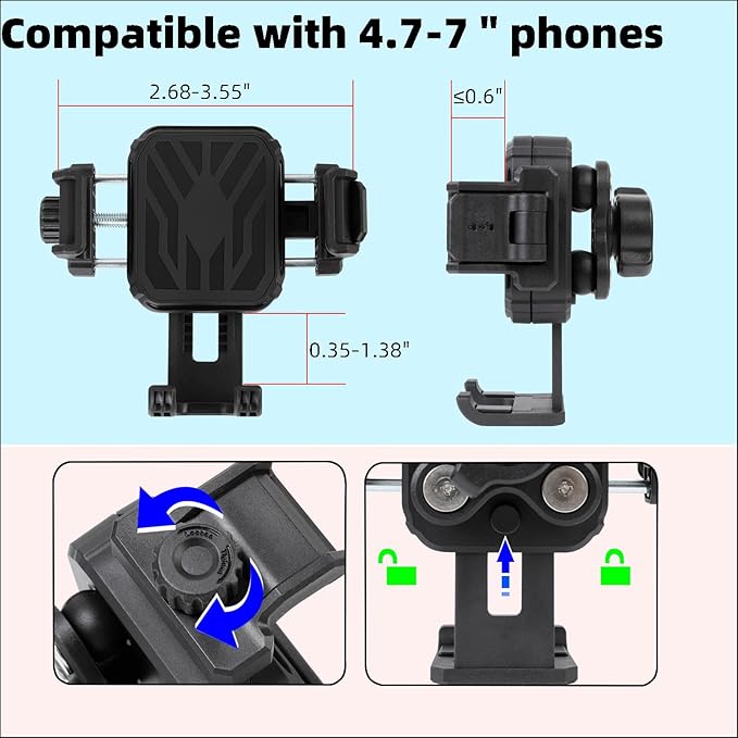 Universal Phone Mount Holder for Car, Truck, Boat - Vibration Dampener, Aluminum AMPS Square Base, Medium Arm, 1s Quick Lock/Release, Camera Friendly, Fits 4.7-7.2" Smartphones