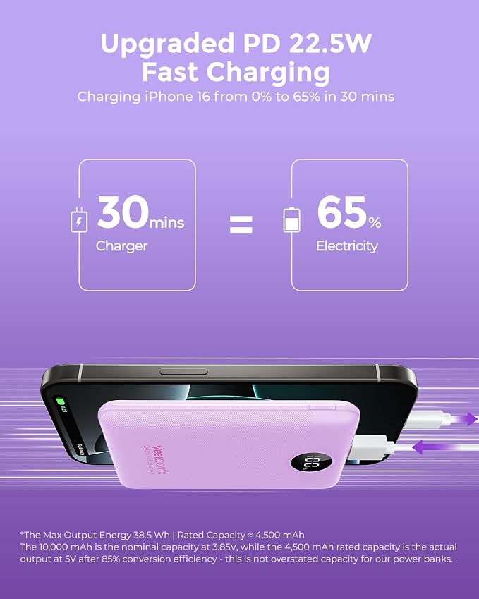 Portable Charger 10000mAh, Ultra Slim Power Bank Fast Charging with Attached USB C Cable, Travel Essential Phone Power Bank Battery Pack for iPhone 17/16/15/14 Samsung S25 Google etc, Purple