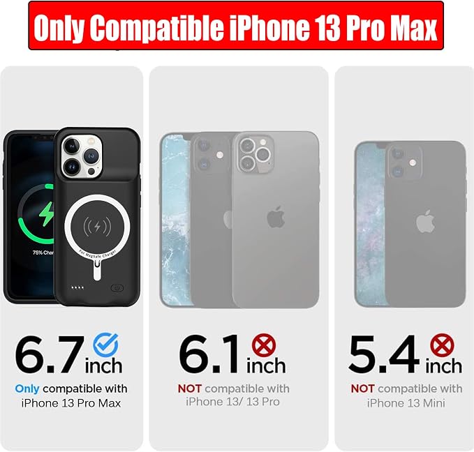 Battery Case for iPhone 13 Pro Max, Full Encircle 12000mAh High Capacity Rechargeable Portable Charger Case Extended Battery Compatible with iPhone 13 Pro Max (6.7 inch) Wireless Charging Case-Black