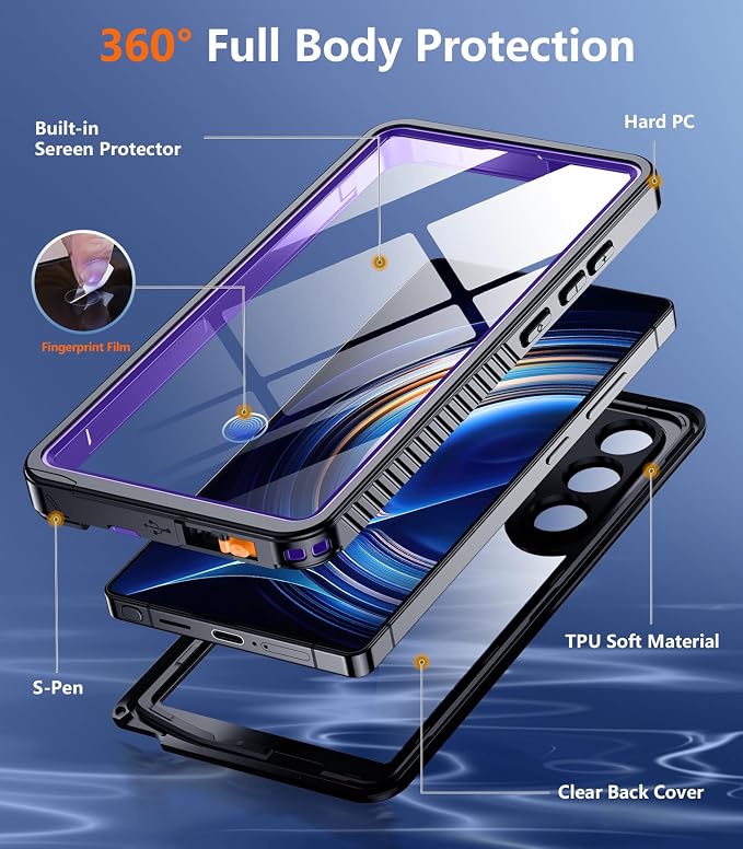 Temdan Designed for Samsung Galaxy S25 Ultra Case Waterproof, Built-in Lens & Screen Protector Military Grade Shockproof Dropproof IP68 Underwater Full Body Phone Case for Galaxy S25 Ultra 6.9"-Purple