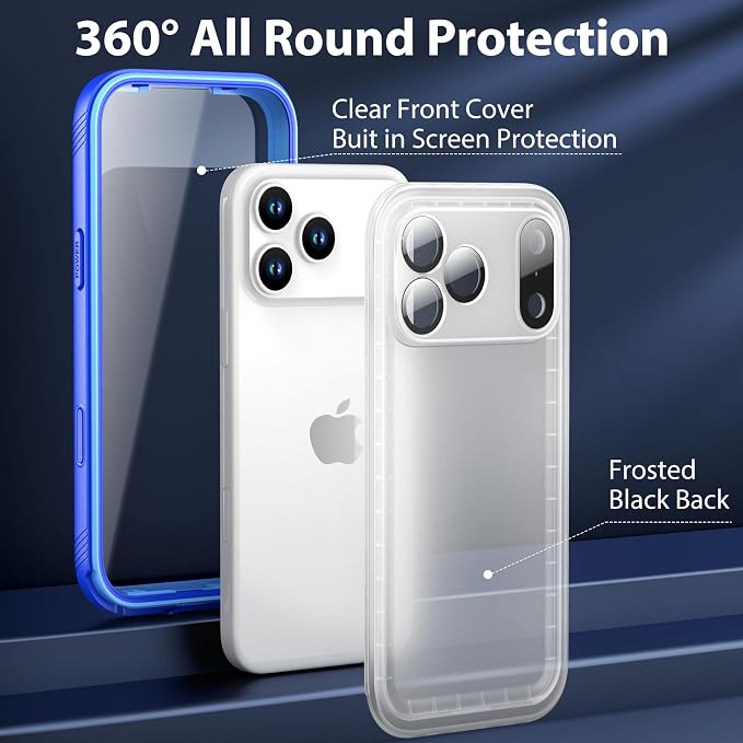 SPORTLINK for Waterproof iPhone 17 Pro Max Case - Built in Screen Protector/Full Body Dustproof/Shockproof/Dropproof/IP68 Underwater for iPhone 17 Pro Max Case 6.9 inch Blue/Frosted Clear