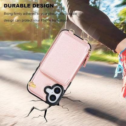 Bocasal Crossbody Wallet Case for iPhone 17, RFID Blocking Leather Purse Case with Card Holder, Protective Handbag Flip Cover with Zipper Wrist Strap Lanyard for Women 5G 6.3 Inch (Rose Gold)