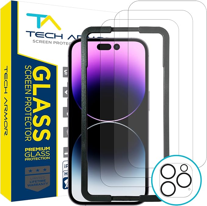 Tech Armor 3 Pack Screen Protector + 1 Camera Lens Protector for iPhone 14 Pro Max 6.7 inch - Ballistic Tempered Glass, Case Friendly, Dynamic Island Compatible, Sensor Protection, HD, 9H Hardness