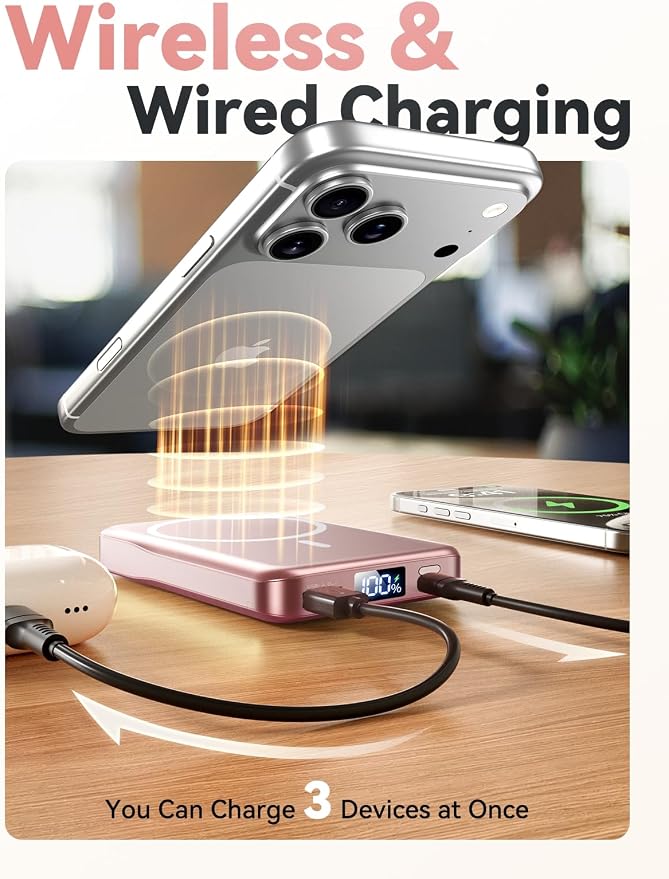 Magnetic Portable Charger, 10000mAh for Magsafe Battery Pack, 20W Fast Charging Power Bank, Travel Essential of Wireless Charger Compatible with iPhone 17/16/15/14/13 Pro/Max/Air/Plus-Rosegold