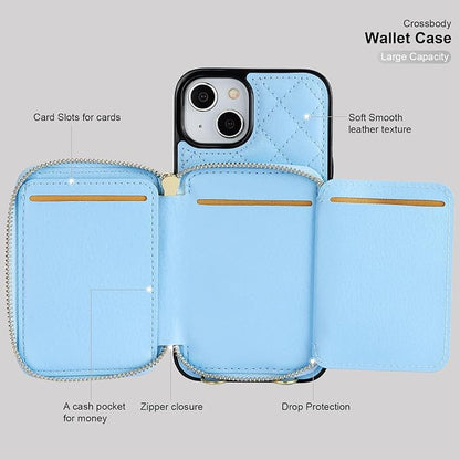 Bocasal Crossbody Wallet Case for iPhone 14, RFID Blocking PU Leather Zipper Handbag Purse Flip Cover, Kickstand Folio Case with Card Slots Holder Wrist Strap Lanyard 5G 6.1 Inch (Blue)