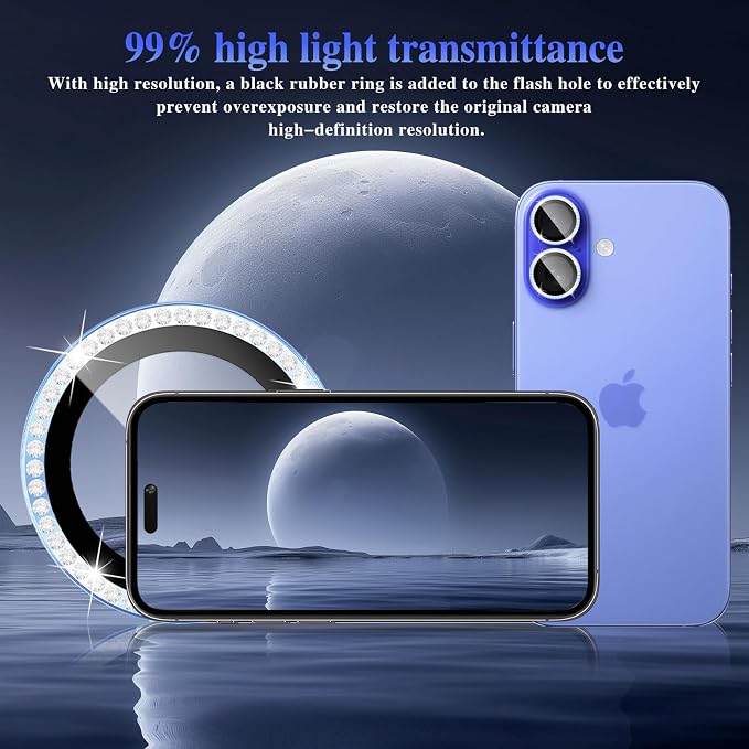 ShinKin Camera Lens Protector for iPhone 16/iPhone 16 Plus, Bling Glitter Camera Cover, 9H Tempered Glass Individual Metal Ring Camera Protector for iPhone 16/iPhone 16 Plus (Diamond - Blue)