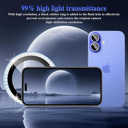 ShinKin Camera Lens Protector for iPhone 16/iPhone 16 Plus, Bling Glitter Camera Cover, 9H Tempered Glass Individual Metal Ring Camera Protector for iPhone 16/iPhone 16 Plus (Diamond - Blue)