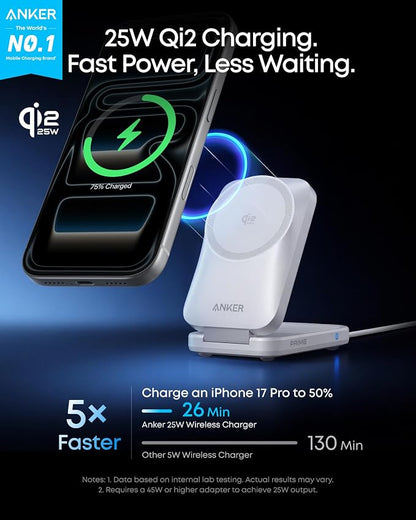 Anker Prime 3-in-1 Charging Station, AirCool Wireless Charger, Qi2 25W Certified Palm-Sized Foldable MagSafe Charger Compatible with iPhone 17, Apple Watch, AirPods (Non-Battery, with Adapter)