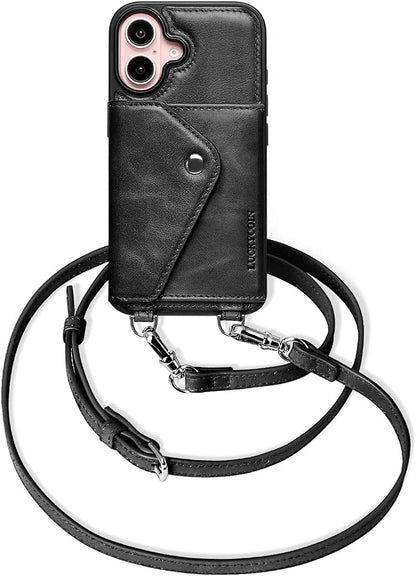 LUCKYCOIN for iPhone 16 Crossbody Wallet Case – Genuine Leather Phone Purse with Adjustable Strap and Card Holder,Lanyard Phone Purse Case for Women,Vintage Black