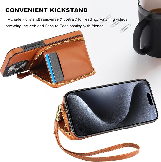Bocasal RFID Blocking Wallet Case for iPhone 15 Pro Max, Adjustable Crossbody Zipper Purse Case Card Holder with Kickstand Detachable Wrist Strap, PU Leather Flip Folio Case 6.7 Inch 5G (Brown)