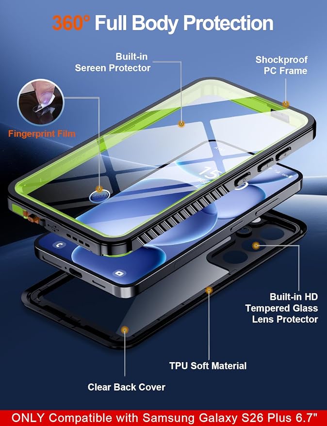 MOZOTER Designed for Samsung Galaxy S26 Plus Case Waterproof, Military Shockproof Full Body Cover with Built-in Screen & Lens Protector, IP68 Underwater Protection for S26 Plus 6.7" Green
