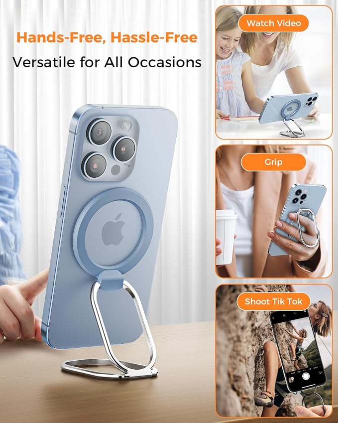 【2025 Upgraded】 Mag Safe Phone Ring Holder, SUPERONE Adjustable Magnetic Kickstand & Removable Phone Grip Compatible with Wireless Charging Only for iPhone 17 & 16 & 15 & 14 & 13 Series - Sierra Blue