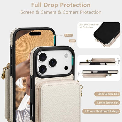 Keallce Case for iPhone 17 Pro 6.3'' Case Wallet, Crossbody Zipper Purse with RFID Blocking Card Slots Kickstand, Lanyard & Handstrap Flip Folio Leather Phone Cover for iPhone 17 Pro, Beige