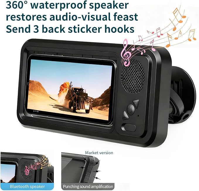 Waterproof Phone Holder with Speaker, Shower Phone Holder Waterproof, Shower Phones Holder with Wireless Bluetooth Speaker Aqua with 360° Rotation Ipx4 Shower Play (Black)