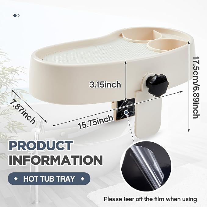 Geelin 1 Pc Hot Tub Table Tray, Adjustable Aboveground Bathtub Tray with 2 Cup Holder, Between 2'' to 7.5'' Nonslip Hot Tub Accessories Shelf Drinks Snacks Phone Holder for Spa Bathtub (Ivory White)
