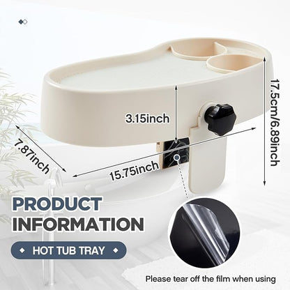 Geelin 1 Pc Hot Tub Table Tray, Adjustable Aboveground Bathtub Tray with 2 Cup Holder, Between 2'' to 7.5'' Nonslip Hot Tub Accessories Shelf Drinks Snacks Phone Holder for Spa Bathtub (Ivory White)