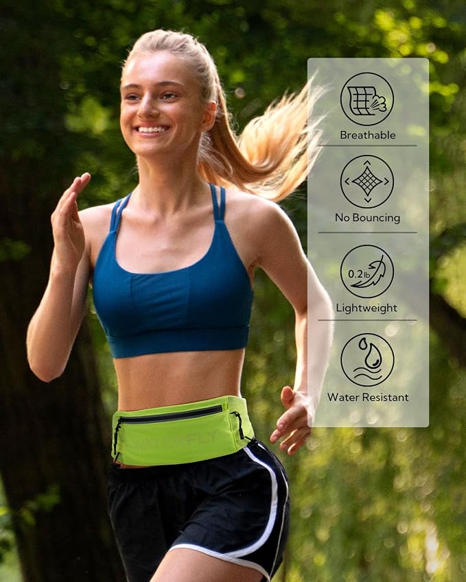WATERFLY Running Belt Fanny Pack: Breathable 3 Pocket Waist Bag for Men Women Workout Exercise Fitness Phone Holder Fits All Phones - Runner Marathon Jogging Race Belt with Bib Clip Yellow