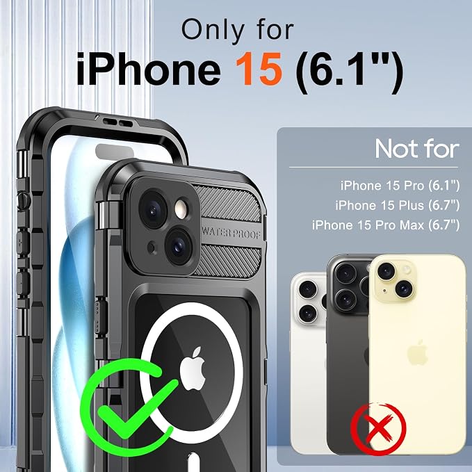 WIFORT for iPhone 15 Waterproof Case - Metal Full Body Protection Case Built-in [Screen Protector][IP68 Water Proof][14FT Military Grade Dropproof][Compatible with MagSafe] Phone Cover, 6.1" Black