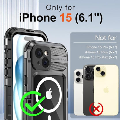 WIFORT for iPhone 15 Waterproof Case - Metal Full Body Protection Case Built-in [Screen Protector][IP68 Water Proof][14FT Military Grade Dropproof][Compatible with MagSafe] Phone Cover, 6.1" Black