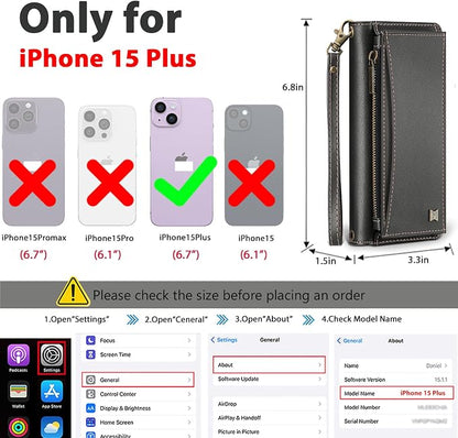 Wallet Case for iPhone 15 Plus with Card Holder/Crossbody Wallet/Strap| RFID Blocking | Magnetic | Kickstand | Detachable | PU Leather Phone Case for iPhone 15 Plus,6.7 in,Black