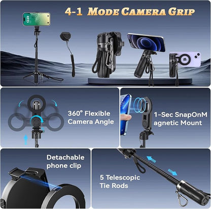 Magnetic Selfie Stick Tripod with 2 Selfie Light, Phone Tripod, Portable Pocket Size Selfie Stick with Rechargeable Remote and Metal Ring, Compatible with iPhone/Android for Photo/Video