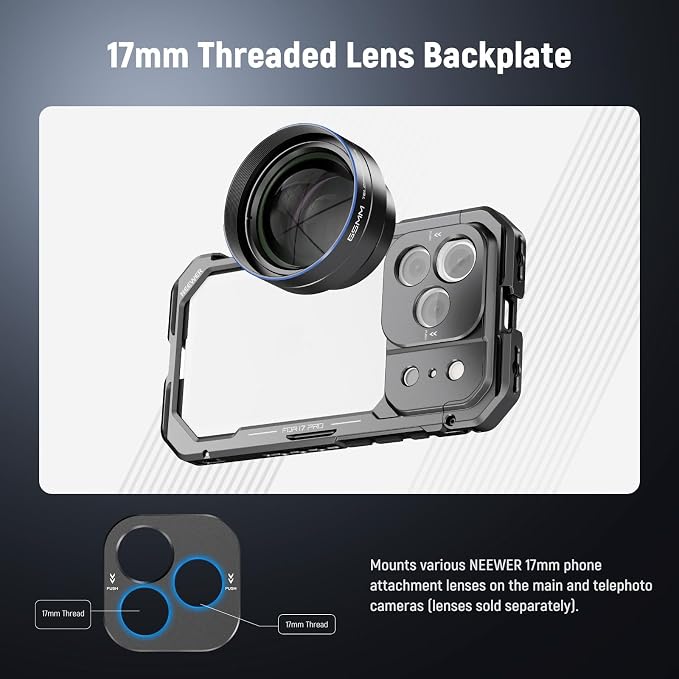 NEEWER Phone Cage Compatible with iPhone 17 Pro, Quick Release Video Rig Stabilizer Accessories with 67mm Filter Ring, 17mm Lens Backplate, T Mount Adapter, 4X Camera Control Cap, PA143 (Black)