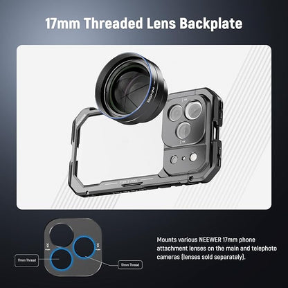 NEEWER Phone Cage Compatible with iPhone 17 Pro, Quick Release Video Rig Stabilizer Accessories with 67mm Filter Ring, 17mm Lens Backplate, T Mount Adapter, 4X Camera Control Cap, PA143 (Black)