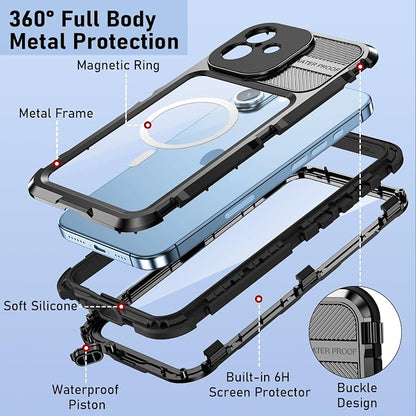 WIFORT for iPhone 16 Plus Waterproof Case - Metal Heavy Duty [Built-in Screen Protector] [14FT Military Shockproof] [Fit for MagSafe], IP68 Full Body Rugged Water Proof Magnetic Cover, 6.7" Black