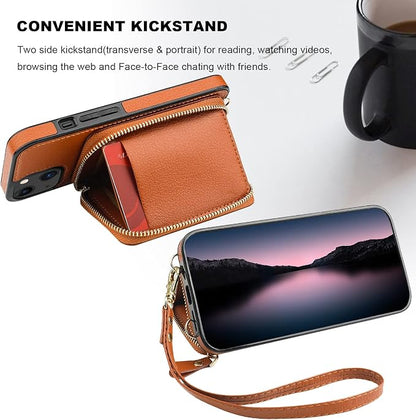 Bocasal RFID Blocking Wallet Case for iPhone 14 iPhone 13, Adjustable Crossbody Zipper Purse Case Card Holder with Kickstand Detachable Wrist Strap, PU Leather Flip Folio Case 6.1 Inch 5G (Brown)