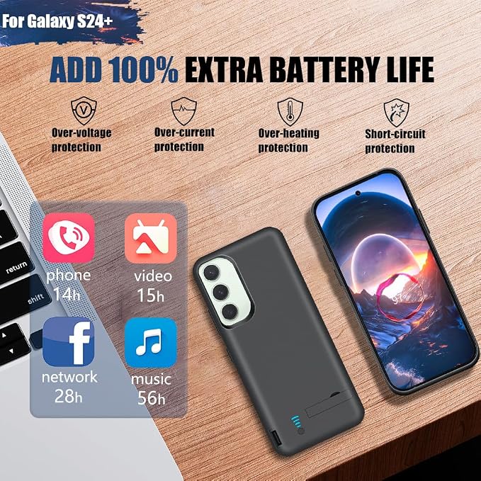 Battery Case for Samsung Galaxy S24+ / S24 Plus, 5000mAh Rechargeable Extended Battery Charging Charger Case, Add 100% Extra Juice, Not Compatible with S24 or S24 Ultra (6.7 inch) Black