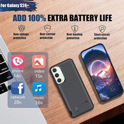 Battery Case for Samsung Galaxy S24+ / S24 Plus, 5000mAh Rechargeable Extended Battery Charging Charger Case, Add 100% Extra Juice, Not Compatible with S24 or S24 Ultra (6.7 inch) Black