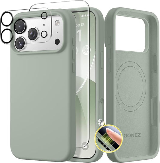 GONEZ Magnetic for iPhone 17 Pro Case, Compatible with MagSafe, [Screen Protector + Camera Lens Protector], Liquid Silicone Anti-Scratch Shockproof Protective Phone Case 6.3 inch, Light Green