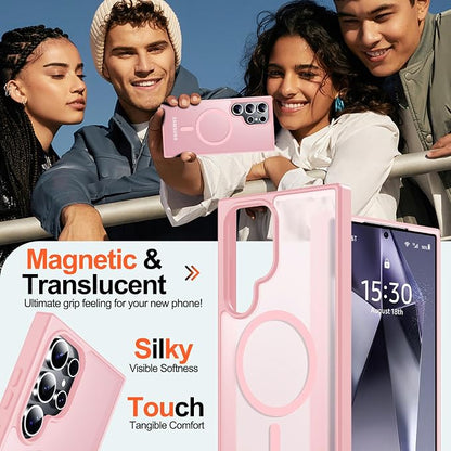 MOZOTER for Samsung Galaxy S24 Ultra Case,[Compatible with MagSafe] Pink | [12Ft Military Dropproof][2*Screen Protector]Translucent Anti-Slip Back Slim Shockproof Case for S24 Ultra-Pink