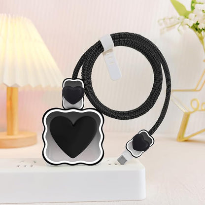 CameCosy DIY Phone Charger Case Storage Sets Cable Protector Earphone Wire Saver with Wave Travel Storage Bag, Cute Cable Charger Protector Cord Organizer for iPhone (Black Love Heart)