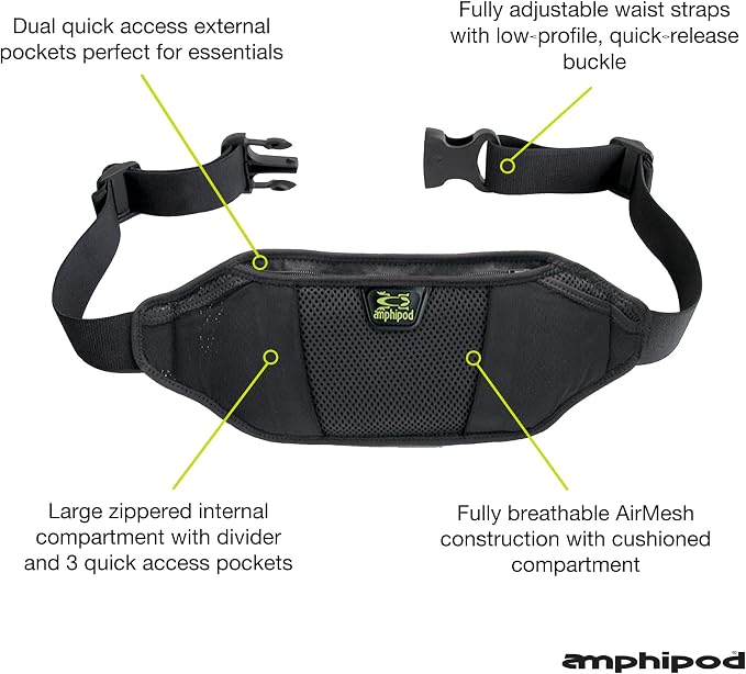 Amphipod AirFlow Endurance Waistpack, Bounce Free Runners Storage Fanny Pack Waist Bag for Running, Jogging, Men & Women