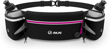 Q-RUN Hydration Running Belt with 2 x 10oz Water Bottles, No Bounce Adjustable Waist Belt for Men & Women, Marathon Running Gear