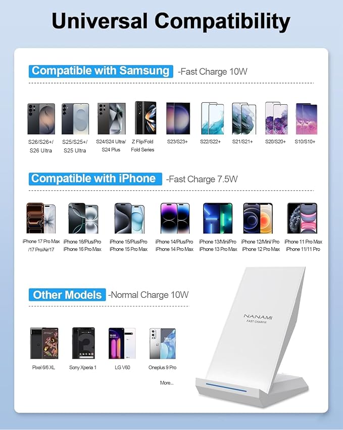 NANAMI Fast Wireless Charger, Charging Stand[with 20W PD Charger] 7.5W for iPhone 17/17 Pro/17 Pro Max/16/15/14/13/12, 10W Phone Charger Dock for Samsung Galaxy S26/S26+/S25/S25+/S25 ultra/S24/S23