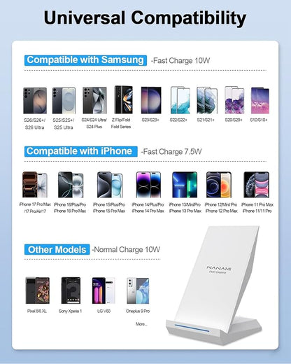 NANAMI Fast Wireless Charger, Charging Stand[with 20W PD Charger] 7.5W for iPhone 17/17 Pro/17 Pro Max/16/15/14/13/12, 10W Phone Charger Dock for Samsung Galaxy S26/S26+/S25/S25+/S25 ultra/S24/S23