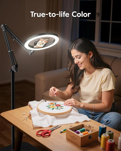 Ring Light with Stand & Lockable Wheels, Ring Light Tripod for iPhone with Phone Holder for Video Recording, Overhead Phone Mount, 30 Lighting Combinations, Perfect for Crafts/Live Streaming/Tutorials