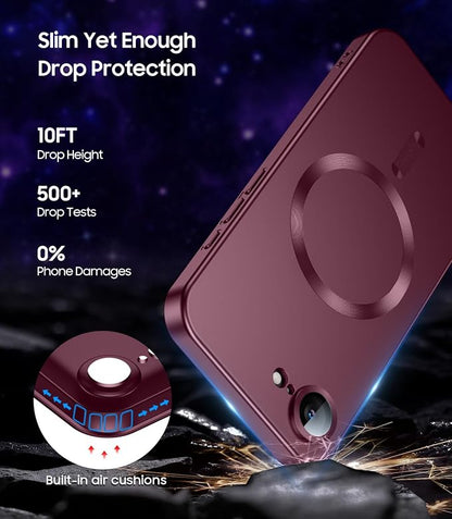 Magnetic for iPhone 16e / 17e Case [Compatible with MagSafe][Built-in Camera Lens Protector] Slim Soft Silicone Bumper Shockproof Metallic Luster Phone Case (Burgundy)