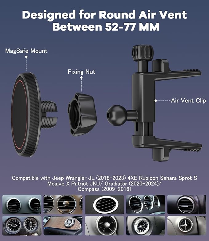 Magnetic Round Vent Car Phone Holder for Jeep Wrangler JL(2018-2025) Gradiator (2020-2024) Compass (2009-2016), Air Vent Car Mount Compatible with MagSafe for iPhone 17 16 15 14 13 12