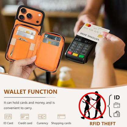 Keallce Case for iPhone 17 Pro Max 6.9'' Wallet Case, Crossbody Zipper Purse with RFID Blocking Card Slots Kickstand, Lanyard & Handstrap Flip Leather Cover for iPhone 17 Pro Max, Orange