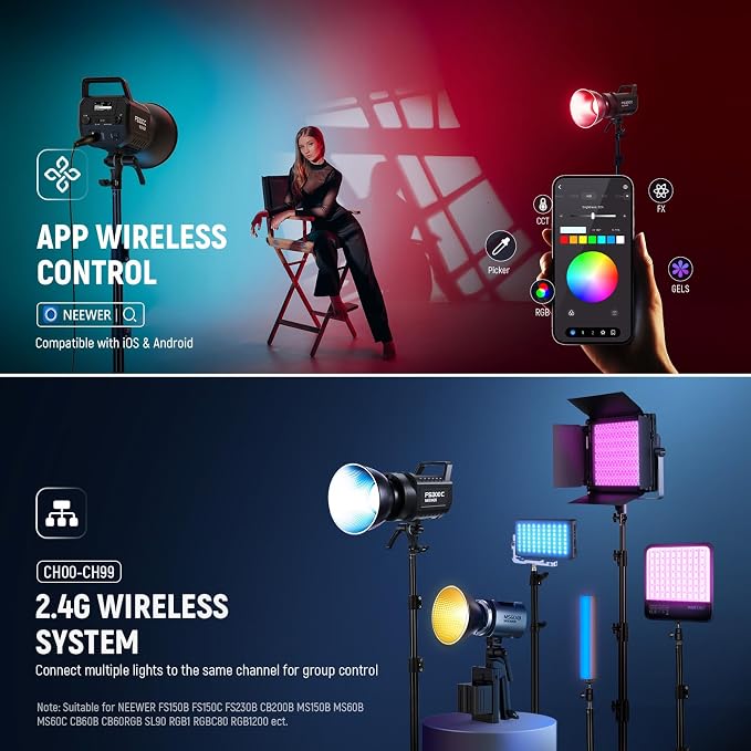 NEEWER 300W RGB LED Video Light APP/2.4G Control, 17 Effects 2500-7500K 36000lx COB Continuous Output Lighting with Cleaning Cloth, CRI95+ Bowens Mount for Studio Photography Video Recording, FS300C