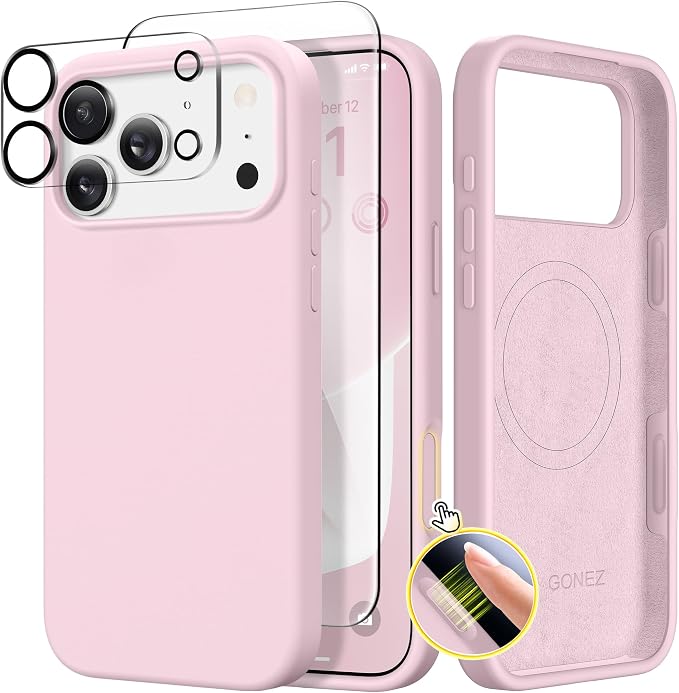 GONEZ Magnetic for iPhone 17 Pro Max Case, Compatible with MagSafe, [Screen Protector + Camera Lens Protector], Liquid Silicone Anti-Scratch Shockproof Protective Phone Case 6.9 inch, Pastel Pink