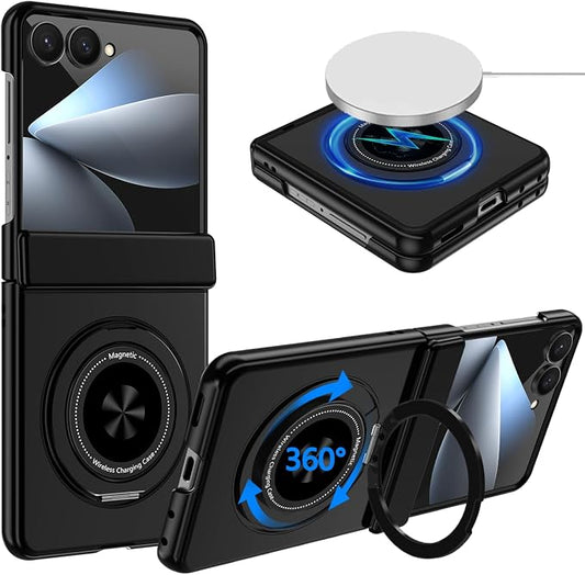 Hekodonk for Galaxy Z Flip 8 Case with 360 Rotatable Stand,[Compatible with MagSafe][Front Screen Protector],Magnetic Ring Holder with Hinge Protective Case for Samsung Z Flip 8,All Black